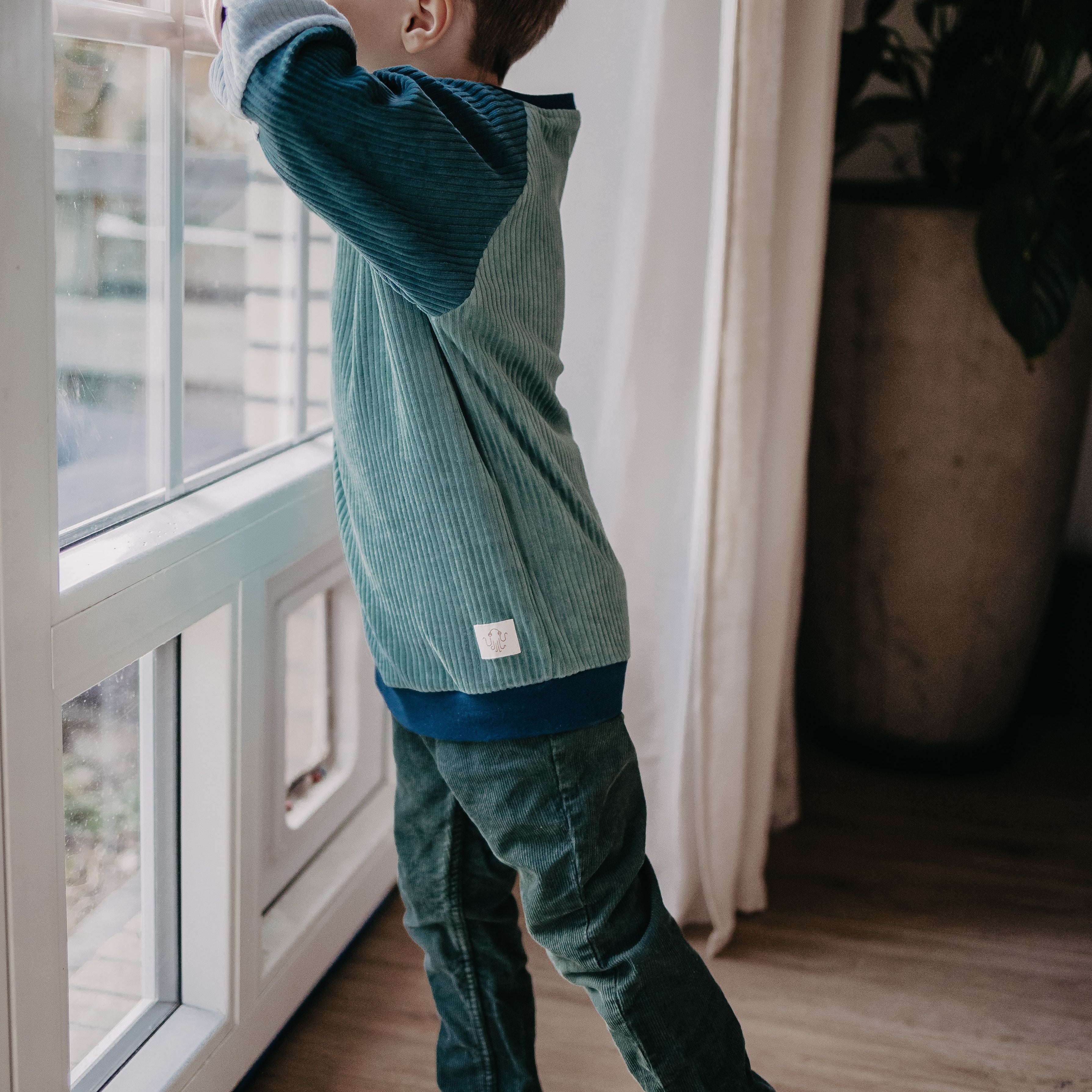 Ein Kind guckt aus dem Fenster und trägt dabei den blauen Alltagsbegleiter im Unisex-Schnitt von Oktopulli