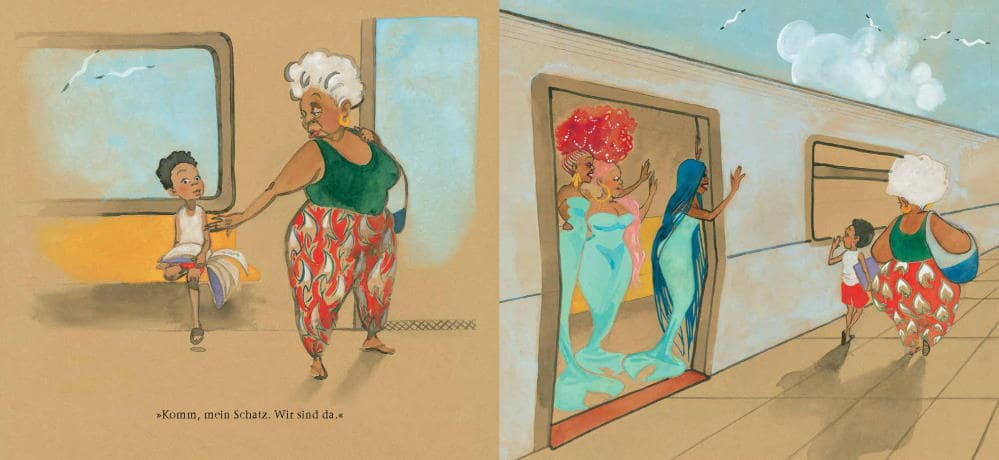 Blick ins Buch: "Komm mein Schatz. Wir sind da" sagt eine ältere Frau zu einem Kind. Sie steigen aus einem Zug und werden von Meerjungfrauen verabschiedet. 