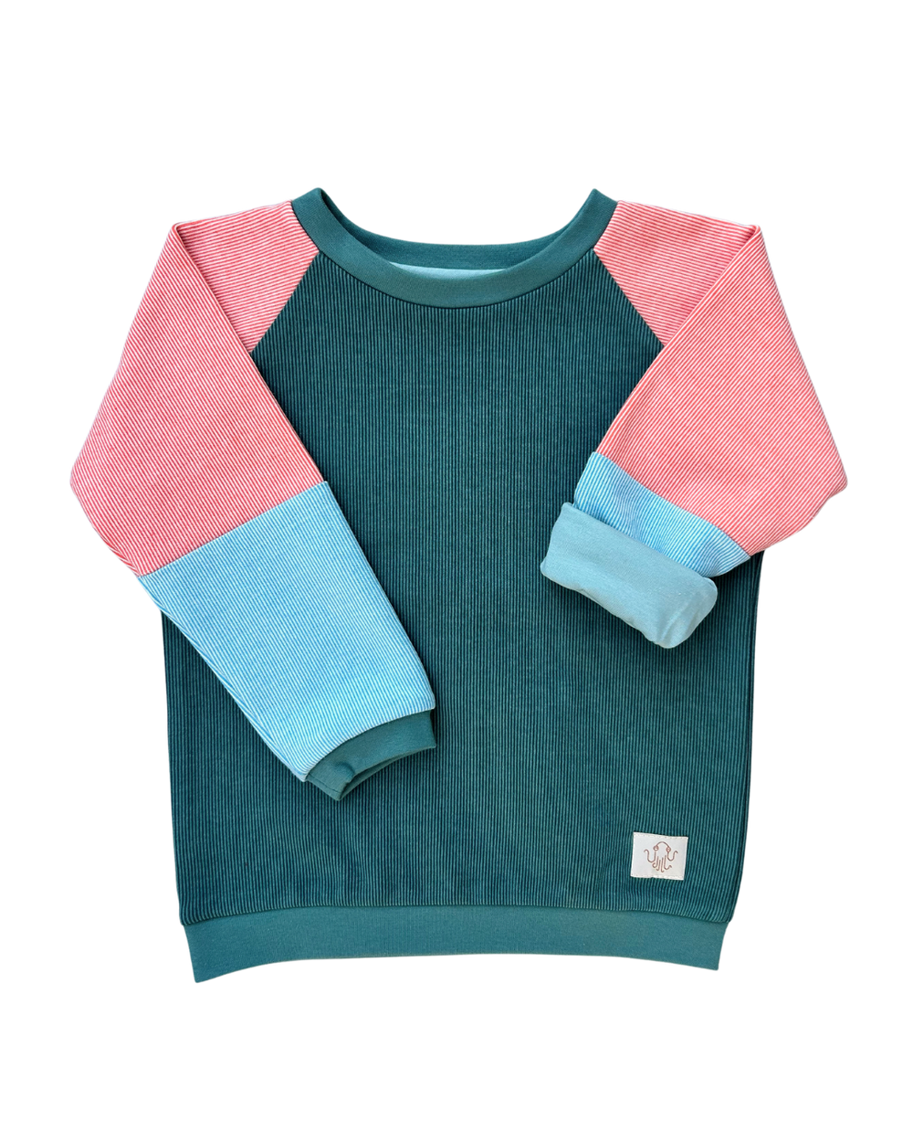 Mitwachsender Sweater Kinder ganzjährig | Alltagsbegleiter Rip | Staubgrün - Koralle - Himmelblau