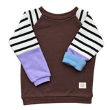 Mitwachsender warmer Pullover Kinder | Bio Baumwolle | Braun - Streifen | Flieder - Streifen
