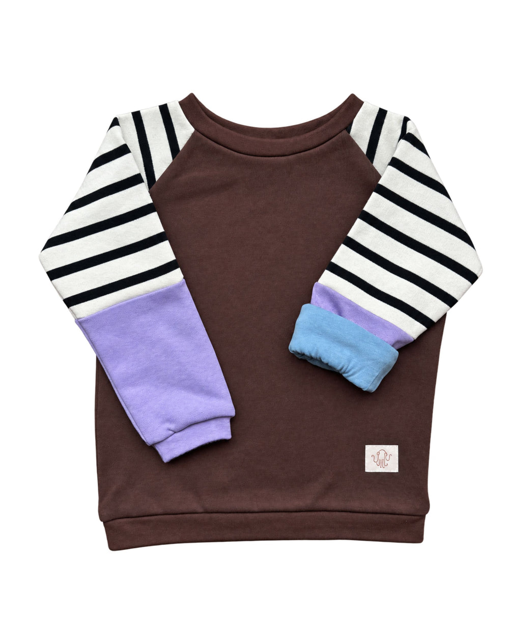 Mitwachsender warmer Pullover Kinder | Bio Baumwolle | Braun - Streifen | Flieder - Streifen