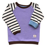 Mitwachsender warmer Pullover Kinder | Bio Baumwolle | Braun - Streifen | Flieder - Streifen