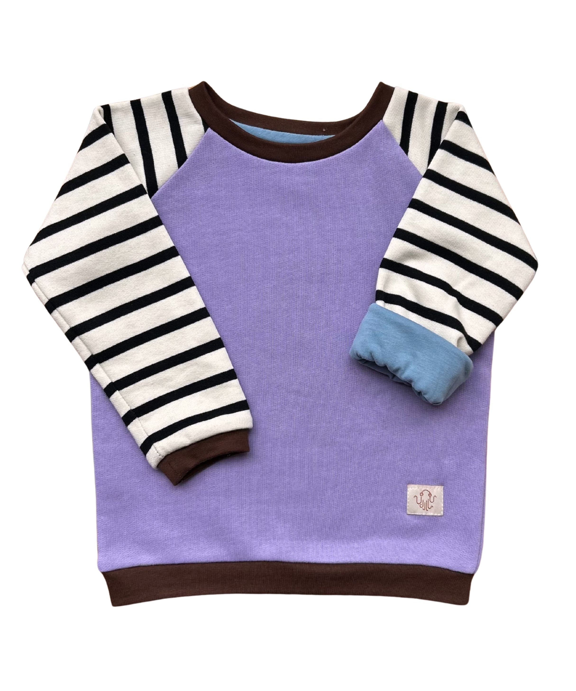Mitwachsender warmer Pullover Kinder | Bio Baumwolle | Braun - Streifen | Flieder - Streifen