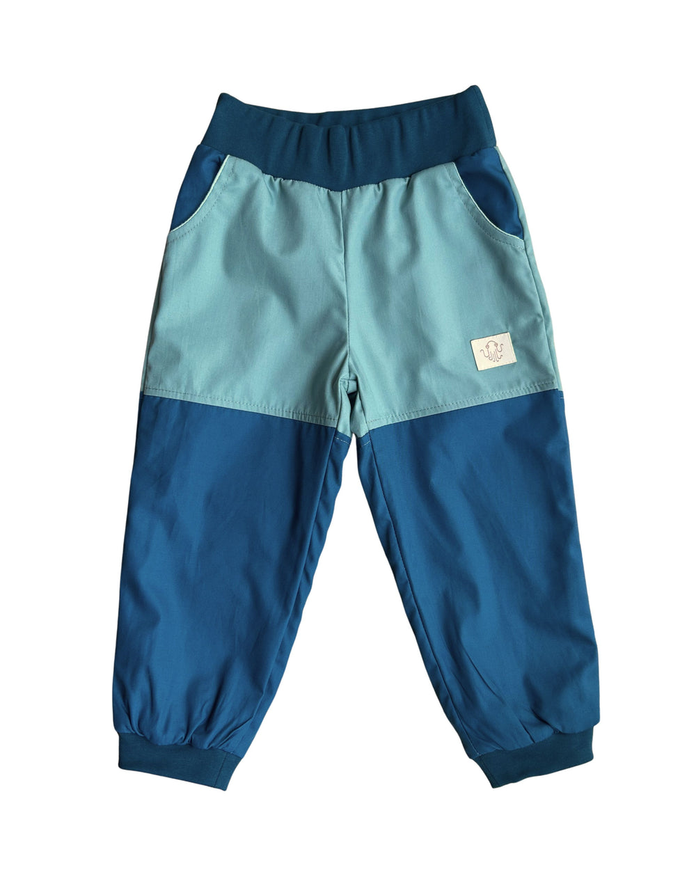 Mitwachsende Kinderhose ganzjährig | Bio-Popeline | Dunkle Minze-Blau | Flieder-Blau