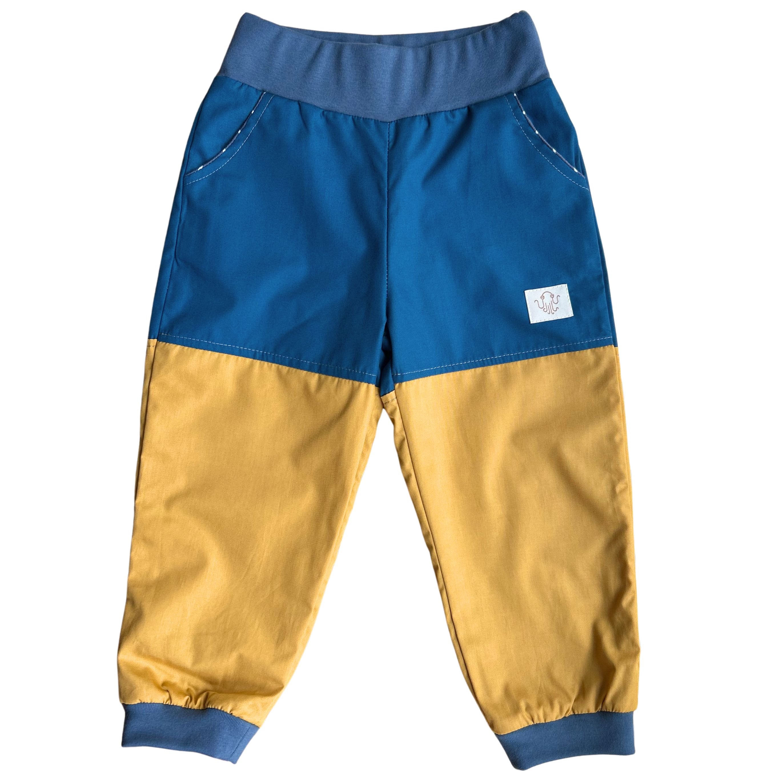 Mitwachsende Kinderhose ganzjährig | Bio-Popeline | Blau-Messing | Bordeaux-Messing