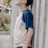 Mitwachsendes T-Shirt Kinder | Baumwolljersey | Avocadogrün - Creme - Marineblau