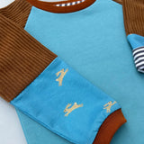 Mitwachsender warmer Pullover Kinder | Bio Baumwolle | Hellblau braun Häschen