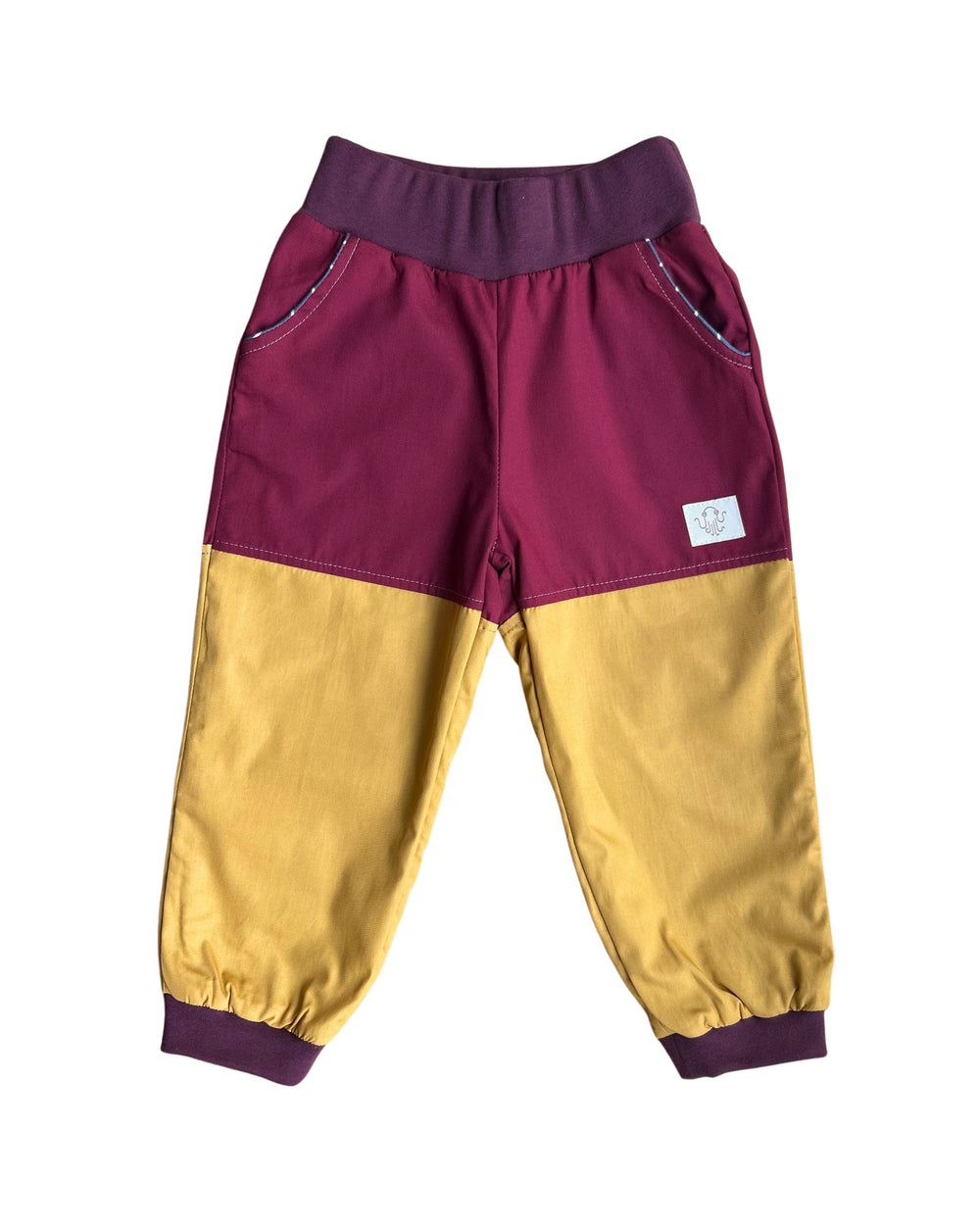 Mitwachsende Kinderhose ganzjährig | Bio-Popeline | Blau-Messing | Bordeaux-Messing