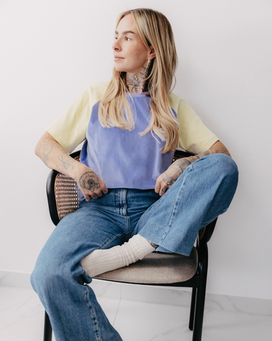 Nicki Shirt - kurzarm | aus fairer Bio-Baumwolle | Colorblock Flieder/Zartgelb