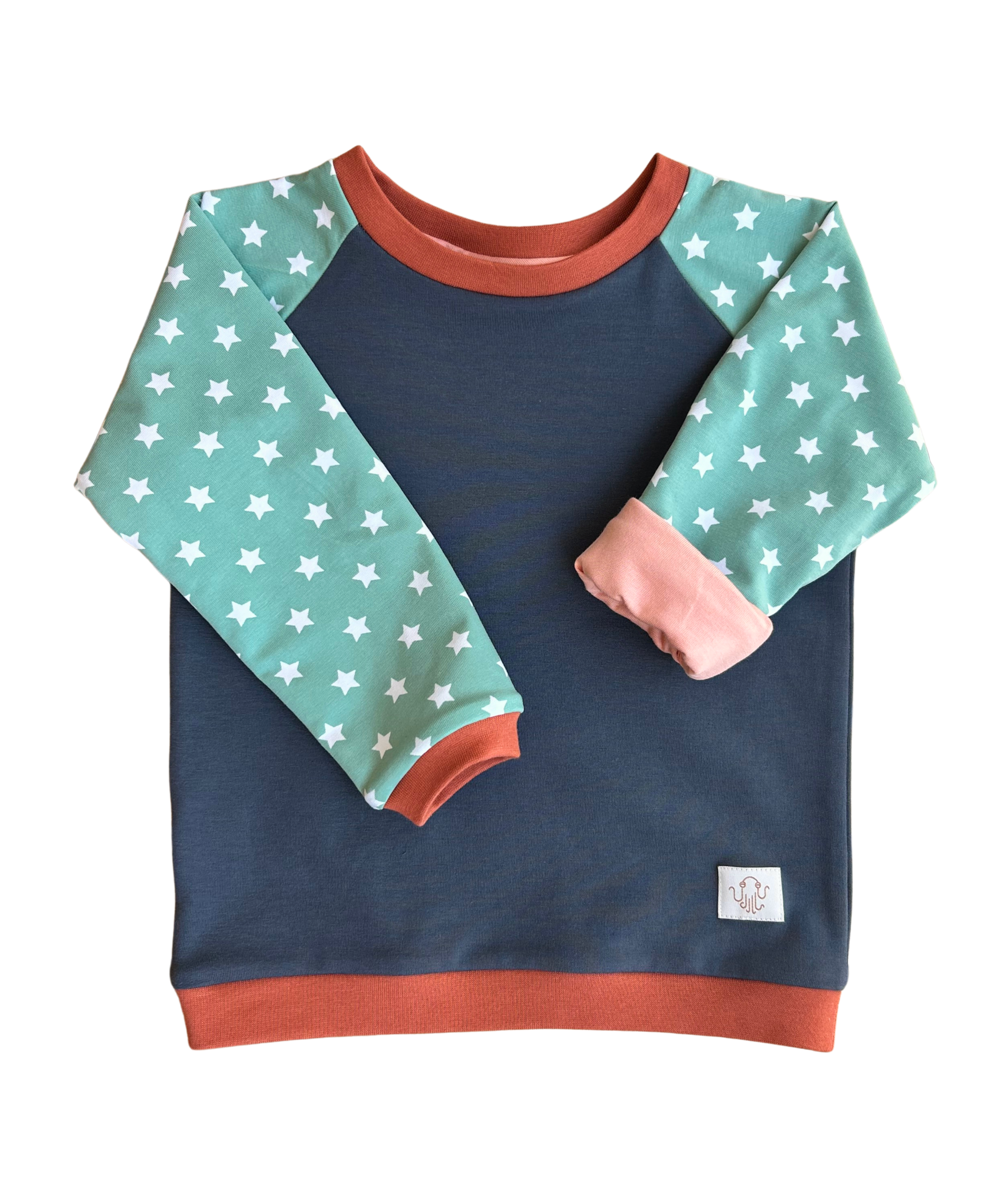 34. Mitwachsender warmer Pullover Kinder | Bio Baumwolle | Grau - Grüne Sterne