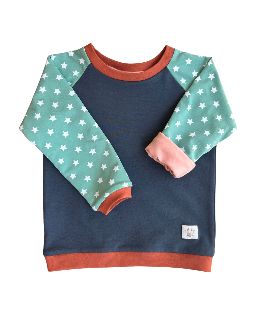 34. Mitwachsender warmer Pullover Kinder | Bio Baumwolle | Grau - Grüne Sterne