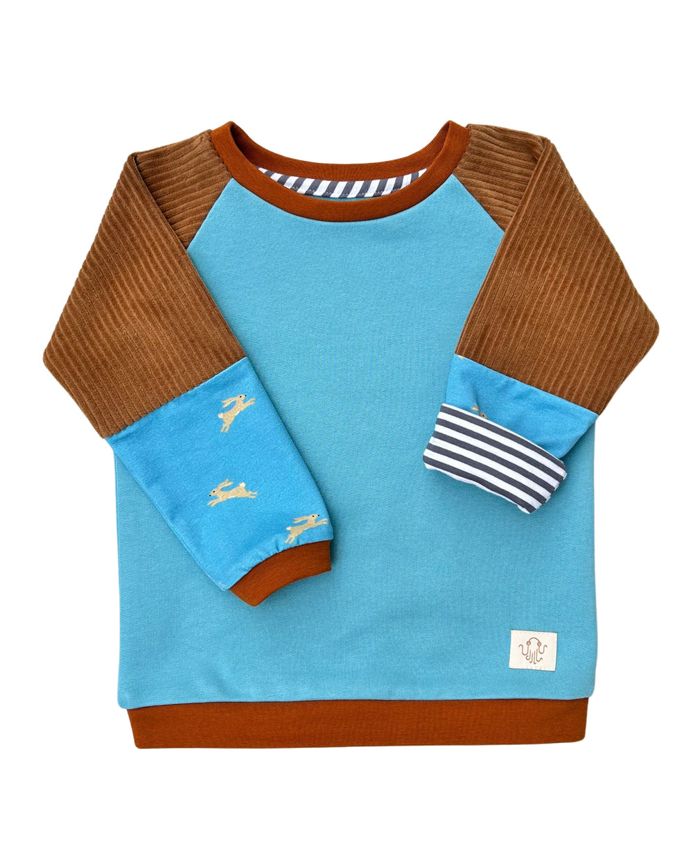 Special children's clothing | Limited edition light blue and brown bunny print | Cozy sweater that grows with you
