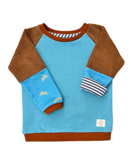 Mitwachsender warmer Pullover Kinder | Bio Baumwolle | Hellblau braun Häschen
