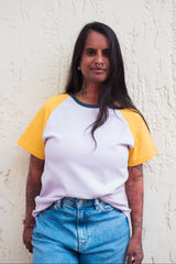 Raglan Shirt aus fairer Bio-Baumwolle | Colorblock Flieder/Gelb