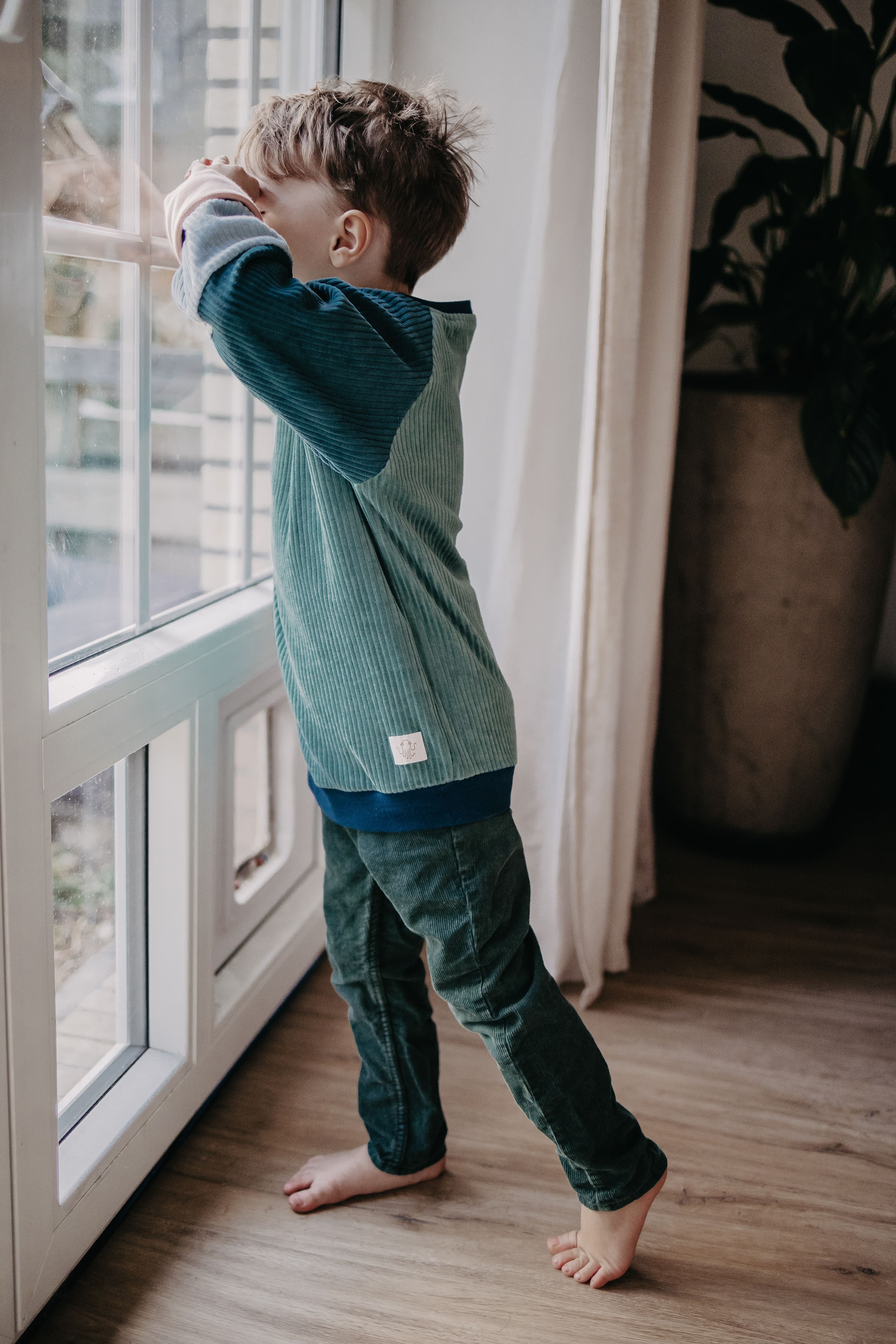  Ein Kind guckt aus dem Fenster und trägt dabei den blauen Alltagsbegleiter im Unisex-Schnitt von Oktopulli