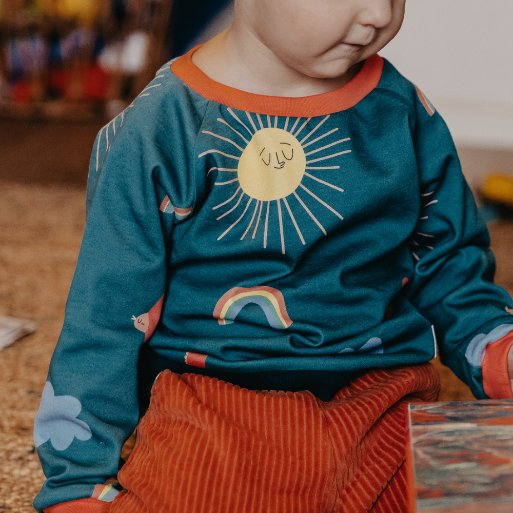Mitwachsender Sweater Kinder ganzjährig | Bio- Baumwolle | Regenbogen Petrol - Orange