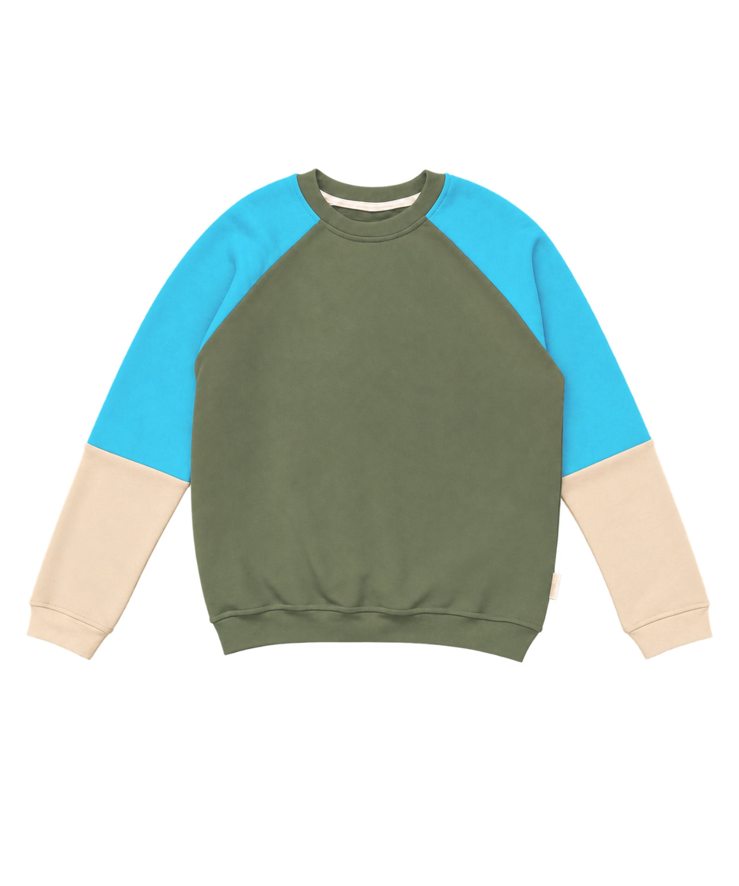 Warmer unisex Pullover aus Bio Baumwoll-Kuschelsweat | Olive - Eisblau - Macadamia