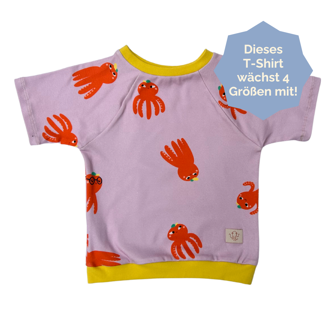 Kurzarm Shirt mit Rundhalsausschnitt für Kinder in Flieder mit eigenem Motivstoff Oktopus