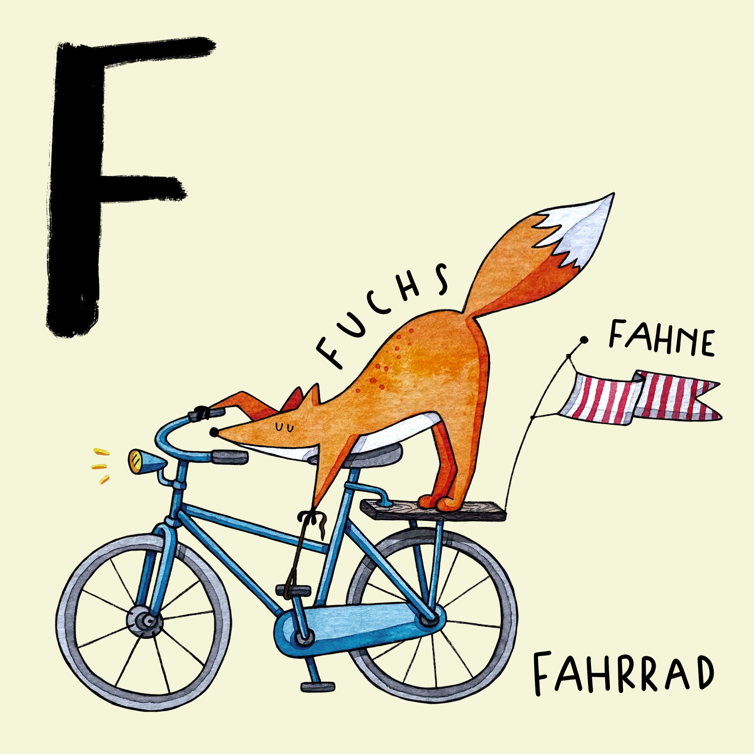 Der Buchstabe F. Ein Fuchs fährt Fahrrad.
