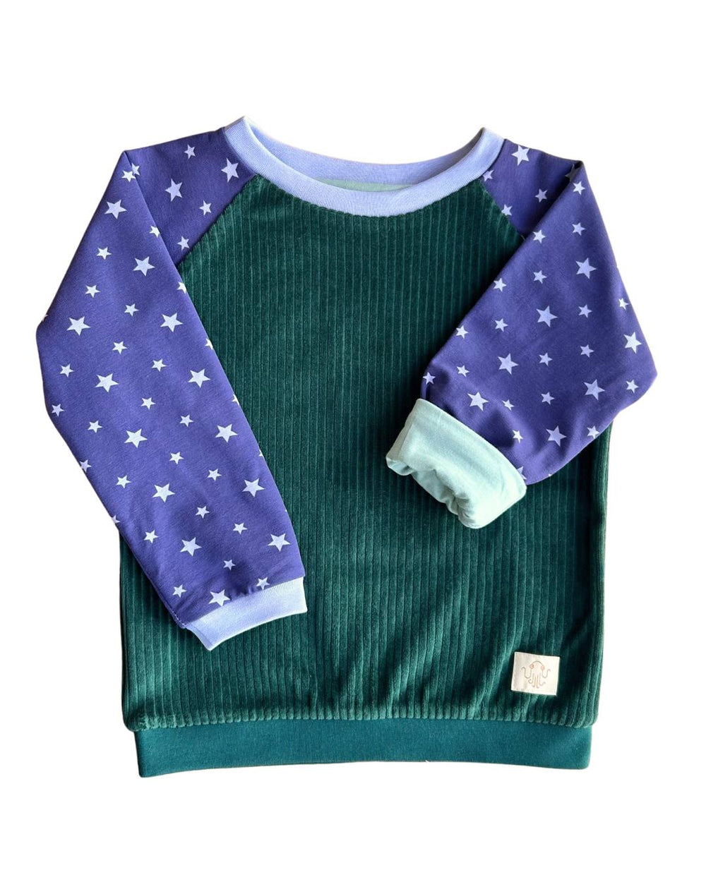 14. Mitwachsender Sweater Kinder ganzjährig | Bio Jersey + Cordnicki | Smaragd - lila Sterne
