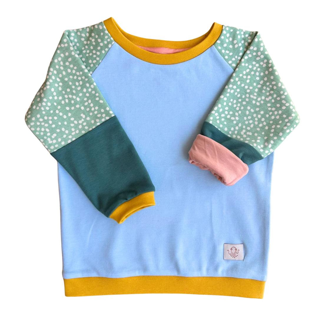 20. Mitwachsender Sweater Kinder ganzjährig | Bio Jersey | hellgrün gepunktet - hellblau
