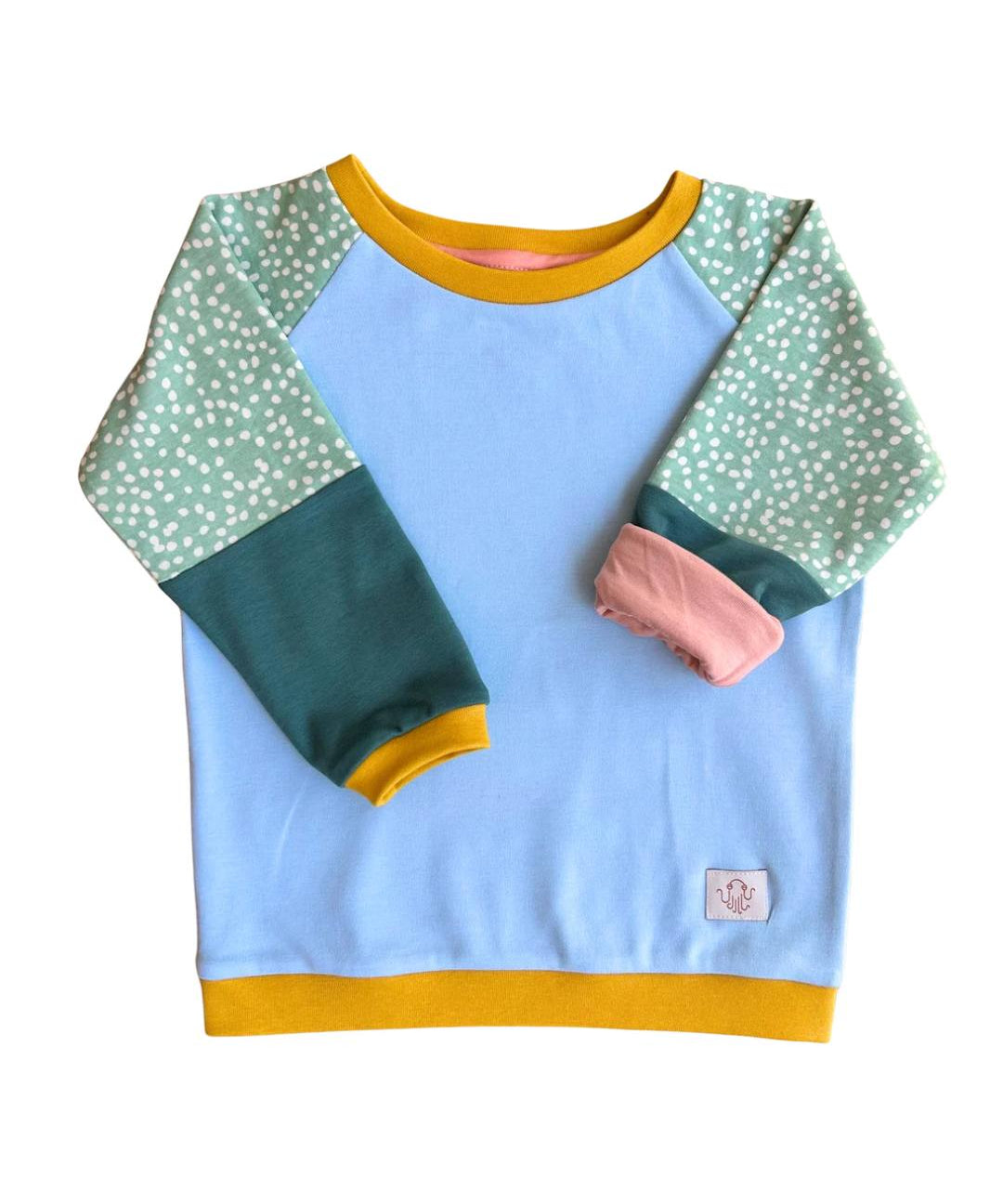 20. Mitwachsender Sweater Kinder ganzjährig | Bio Jersey | hellgrün gepunktet - hellblau