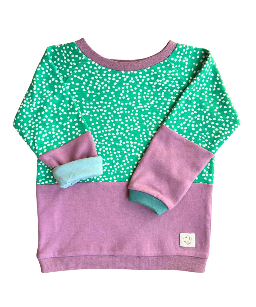 25. Mitwachsender Sweater Kinder ganzjährig | Interlock| Altrosa - grün gepunktet