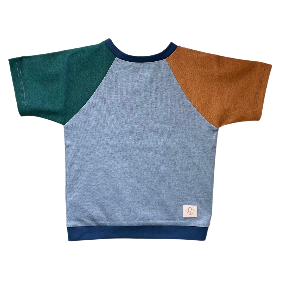 Raglan Kinder T-Shirt. Korpus hellgrau leicht meliert. Ärmel unterschiedliche Farben. Ärmel links dunkelgrün leicht meliert, rechts orangenbraun leicht meliert. Bündchen an Hals und Saum dunkelblau.