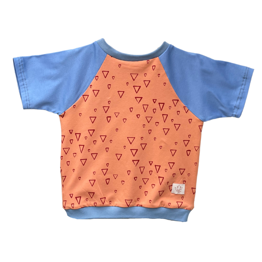 Raglan Kinder T-Shirt. Korpus gemustert. Hintergrund aprikotfarben, Muster kleine rote Dreiecke unregelmäßig verteilt. Ärmel hellblau. Bündchen an Hals und Saum hellblau. 