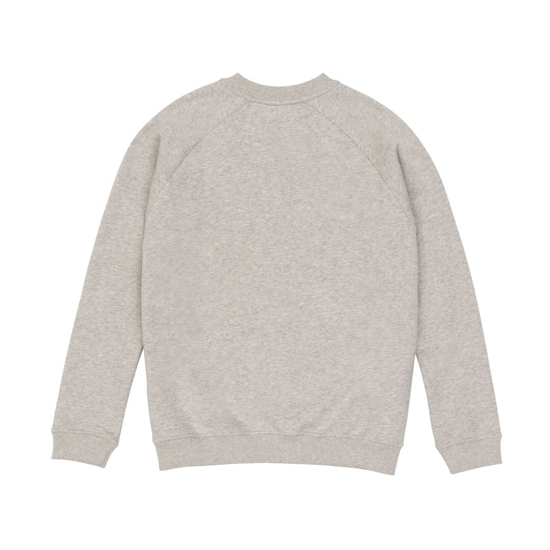 Raglan Erwachsenenpulli. Unifarben hellgrau meliert. Ärmel und Saum mit Bündchen.